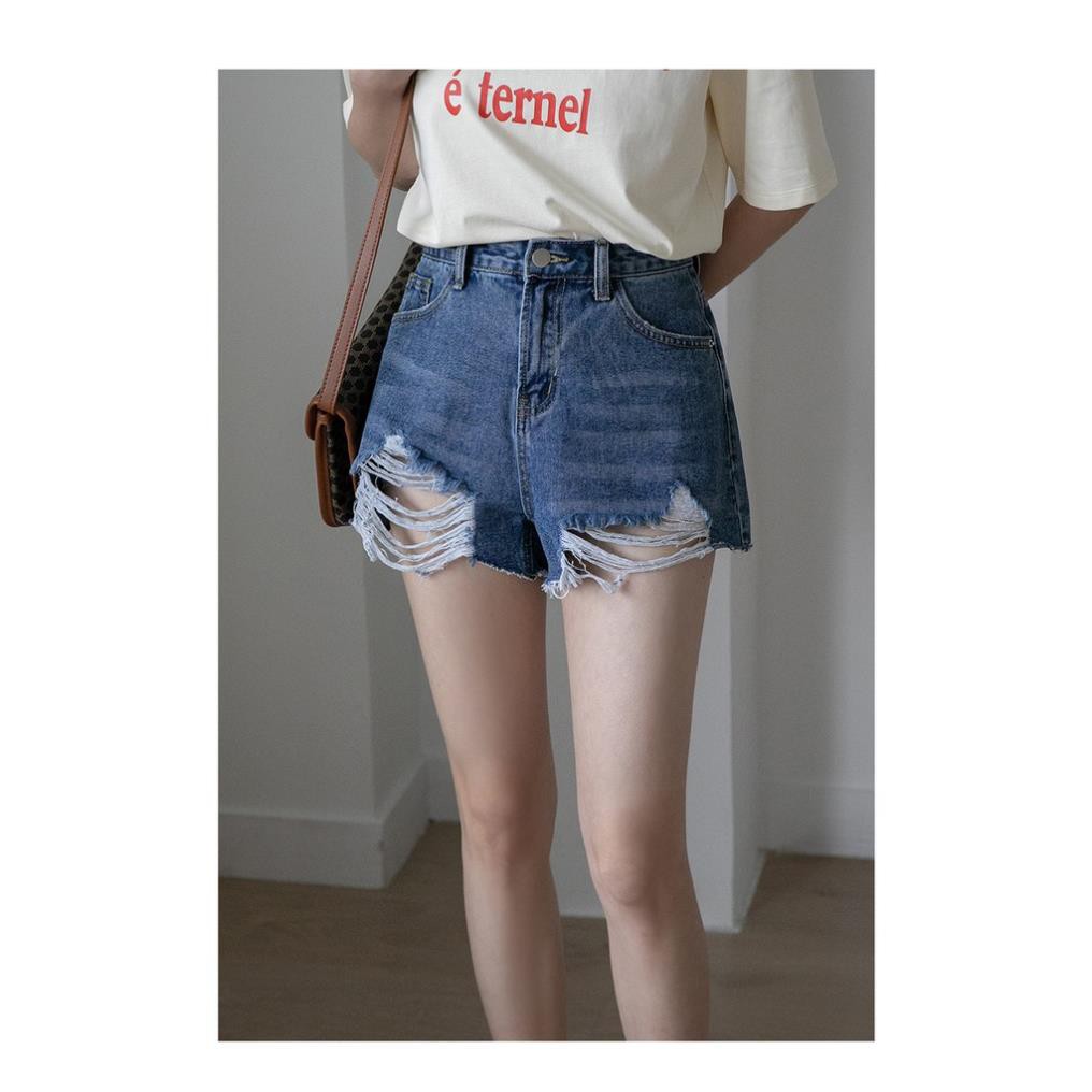 Quần Short Jean Nữ Ống Rộng Lưng Cao Rách Màu Xanh Đậm Ulzzang Hàn Quốc Quần Đùi Bò Cạp Cao Denim Hàn Quốc