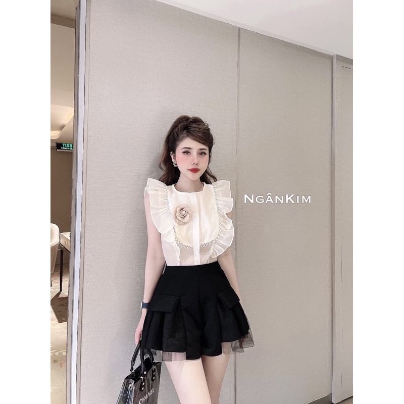 Áo sơ mi tơ tay bèo ren kèm hoa cài cực xinh