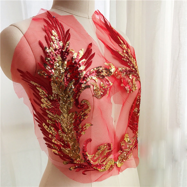 1 Cặp Miếng Dán Ủi Trang Trí Đám Cưới Bằng Vải Ren Lưới Thêu Hình Chim Công Đính Kim Sa Lấp Lánh