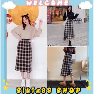 Chân váy dạ kẻ dài qua gối - chân váy kẻ caro phong cách hàn quốc sikia shop
