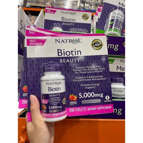 Viên uống ngăn rụng tóc, mọc tóc, đẹp da và móng Natrol Biotin 5000mcg 250 viên của Mỹ