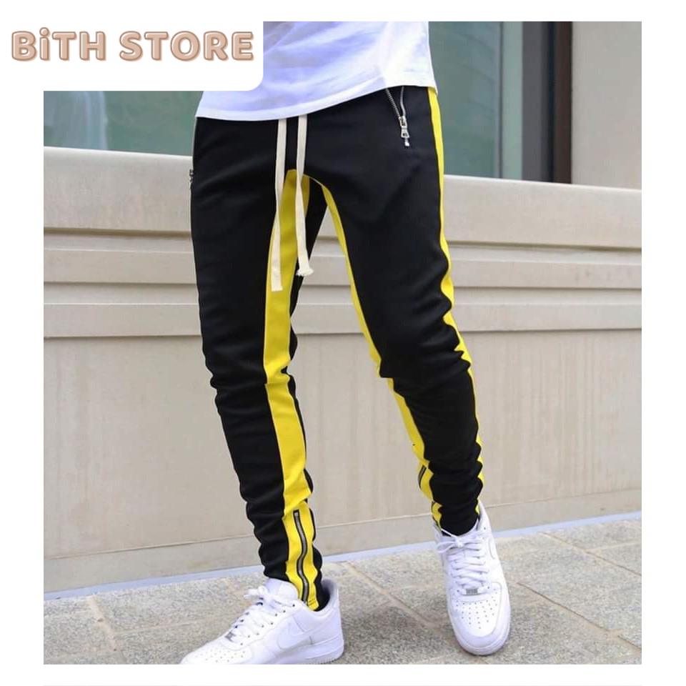 Quần jogger thể thao nam chất thun nỉ 2 da co dãn phối vải dù dọc ống cá tính, quần dài thun nam khóa gót