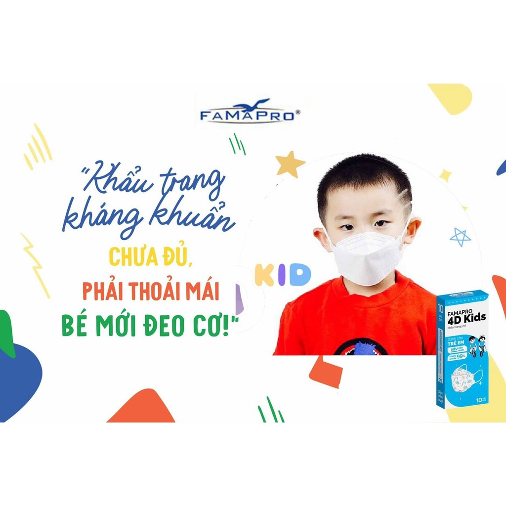 Hộp 10c Khẩu trang trẻ em 4D Kids Famapro chính hãng Nam Anh, kháng khuẩn, nhiều họa tiết
