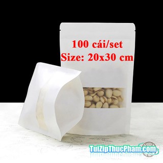 100 cái túi zipper size 20x30cm đựng 700g bột mịn, túi zip giấy kraft trắng có cửa sổ, phủ PE 2 mặt chất lượng cao
