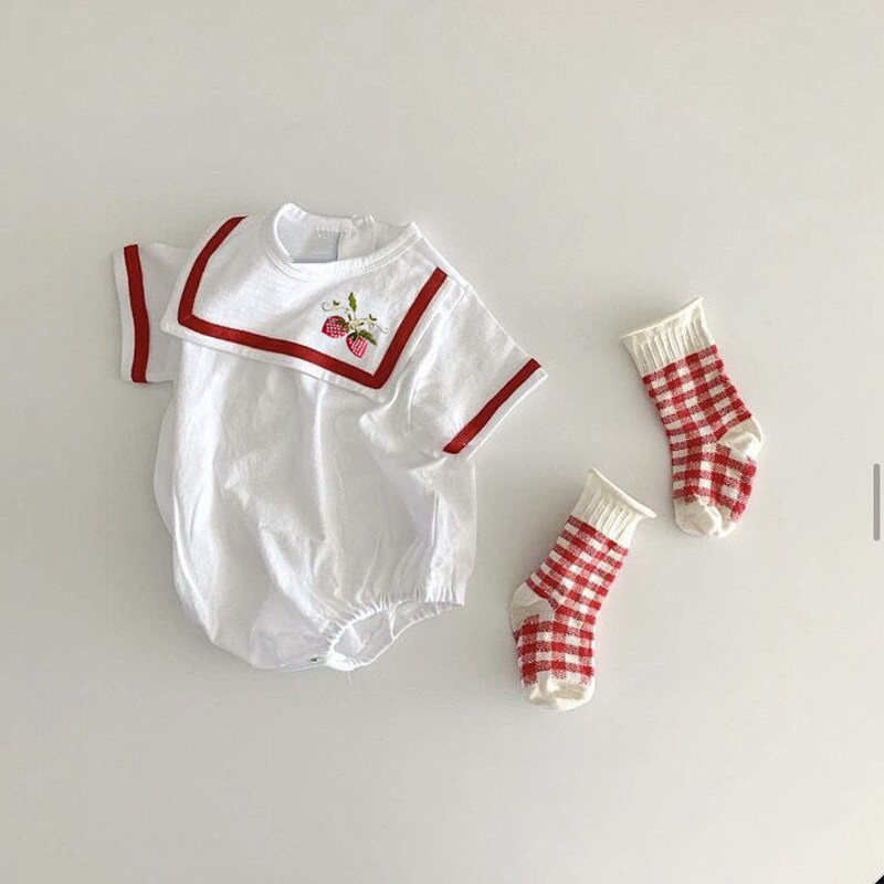Bộ Áo Liền Quần Tay Ngắn Cổ Thủy Thủ In Họa Tiết Hoạt Hình Phong Cách Hàn Quốc Thời Trang Mùa Hè Dành Cho Bé Trai/Bé Gái