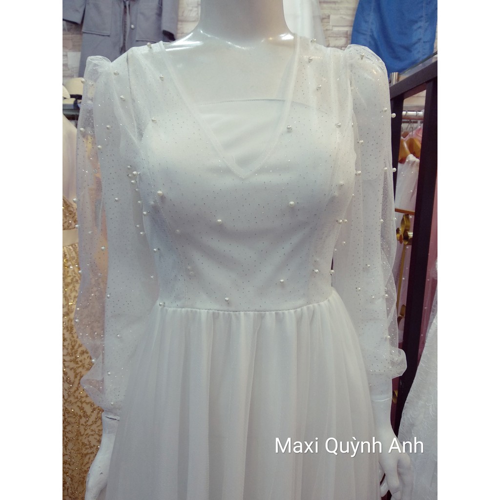 Đầm maxi dạ hội tay dài đính hạt sang trọng trắng, hồng - Hình thật Sp 100% | BigBuy360 - bigbuy360.vn