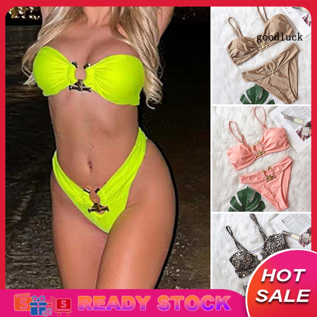 Bộ Đồ Bơi Hai Mảnh Màu Sắc Trơn Lưng Cao Phối Khóa Kim Loại Dành Cho Nữ
