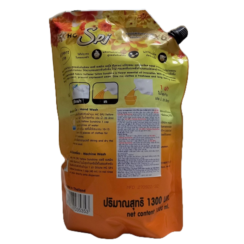 NƯỚC XẢ VẢI ĐẬM ĐẶC - HC – SPJ YELLOW SUNSHINE 1,3L - LƯU HƯƠNG THƠM LÂU - SẢN XUẤT TẠI THÁI LAN - HÀNG CHÍNH HÃNG