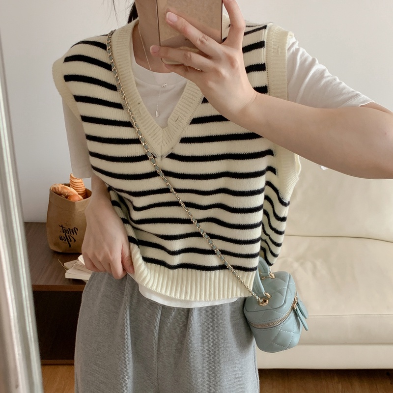 Áo Len Không Tay Cổ Chữ V Họa Tiết Kẻ Sọc Thời Trang Mùa Thu Phong Cách Retro