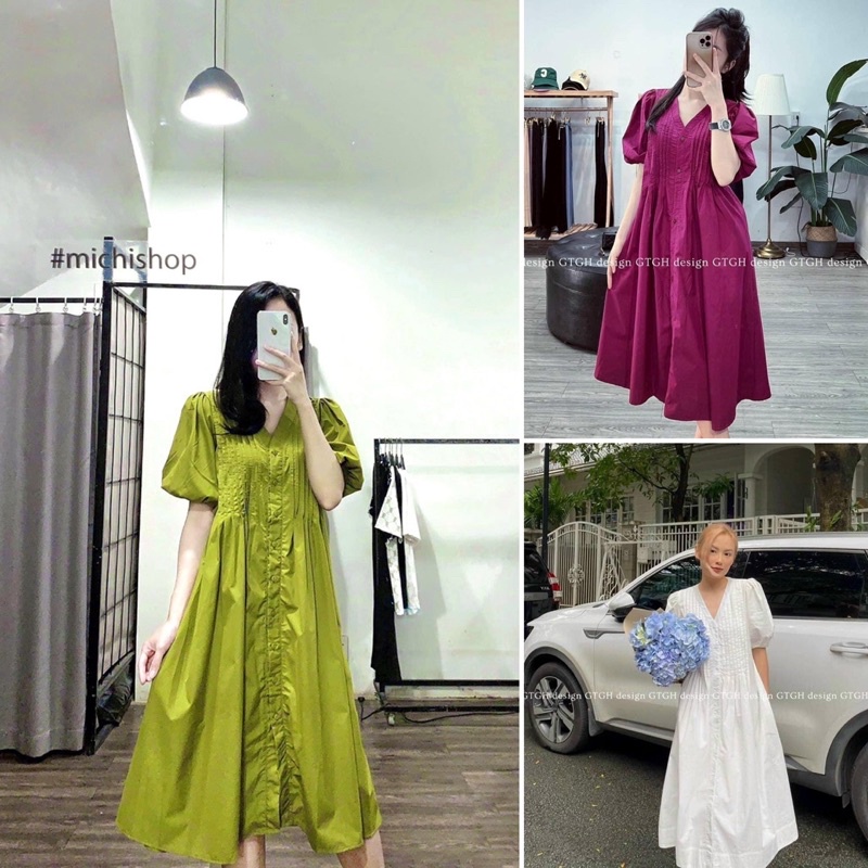 Đầm midi tay bồng thiết kế dập ly ngực cổ chữ V - Váy suông sơ mi xếp ly ngực tay bồng cổ V sang chảnh