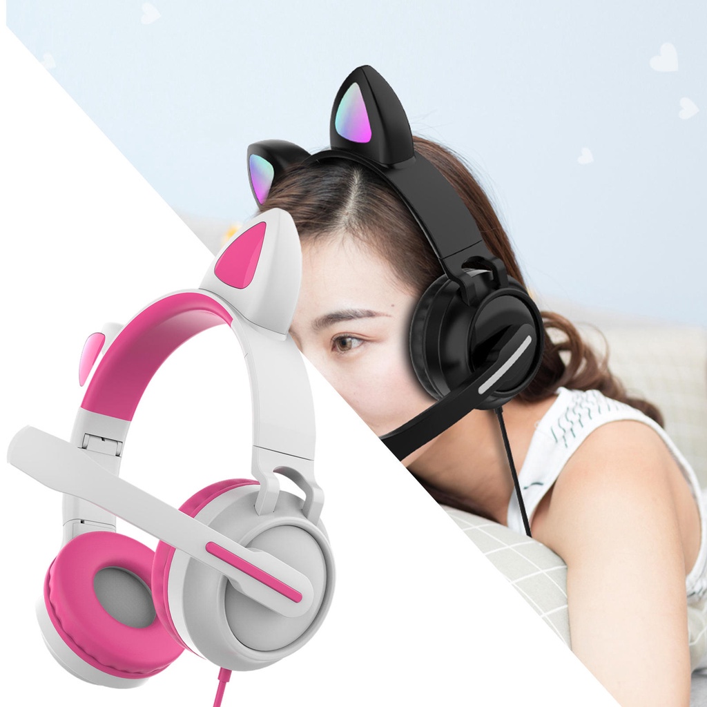 Tai nghe chống ồn có mic thu âm gắn tai mèo đèn LED kết nối cổng USB dùng chơi game dạy học trực tuyến
