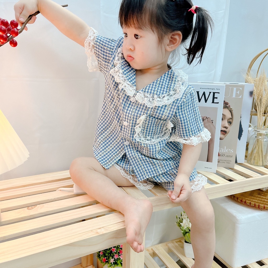 Bộ Đồ Ngủ Pijama Tay Cộc Kẻ Caro Bé Gái Set Quần Áo Trẻ Em Mặc Nhà Họa Tiết Kẻ Nhiều Màu  9-43kg