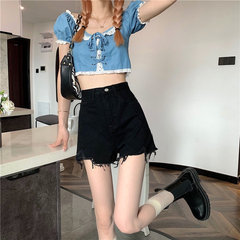 COZOKC COZOK Quần đùi denim COZOK lưng cao ống rộng thiết kế hợp thời trang