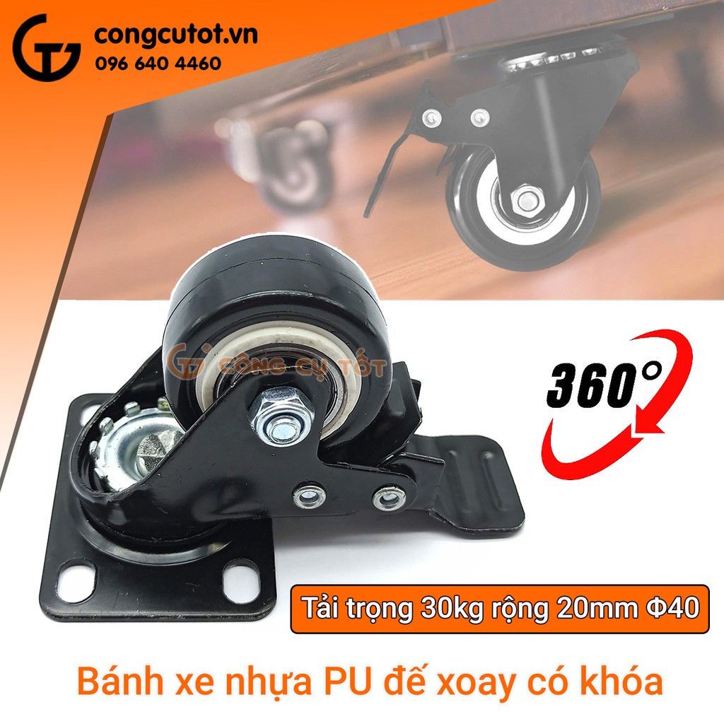 Bánh xe đẩy mặt đế xoay càng sắt tải trọng 30kg lốp nhựa PU đen rộng 20mm Φ40mm