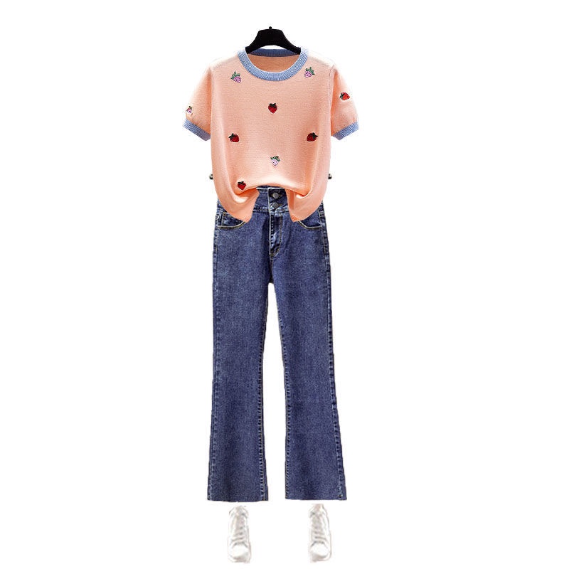 One-piece / suit summer ice silk short-sleeved T-shirt women's thin top ins tide 2022 high-waisted micro jeans