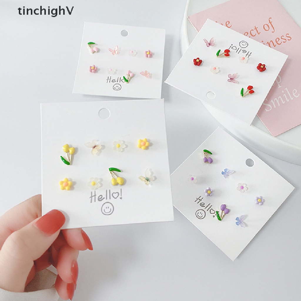 Set 8 Khuyên Tai Hình Học / Bông Hoa / Bươm Bướm Kiểu Dáng Dễ Thương Xinh Xắn Dành Cho Nữ