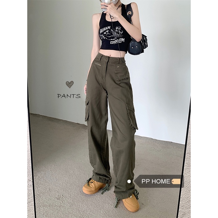 Quần Jean Ống Rộng Lưng Cao Phối Nhiều Túi Phong Cách Retro Mỹ