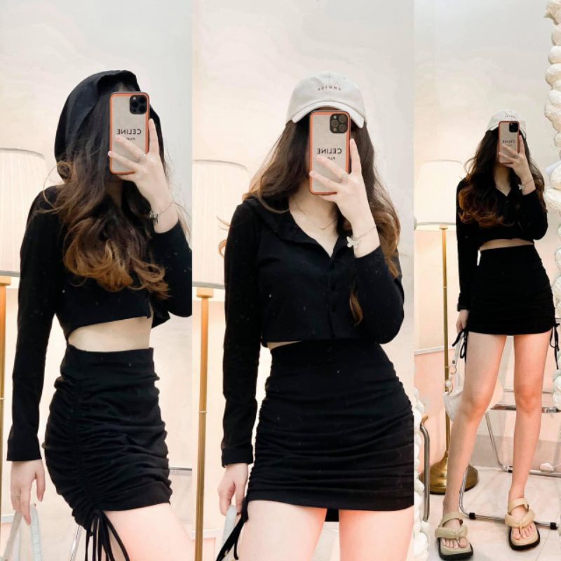 Set Áo Croptop Nón Cài Nút + Chân Váy Rút | BigBuy360 - bigbuy360.vn