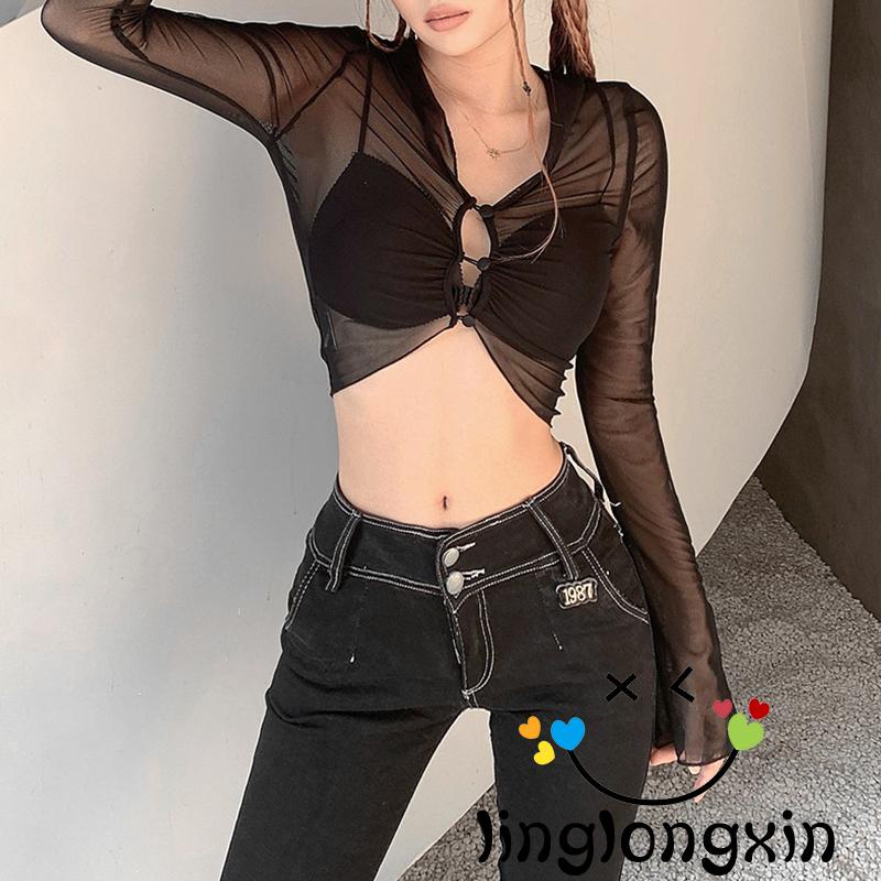 Áo Croptop Tay Dài Phối Lưới 2 Hàng Nút Thời Trang Đường Phố Cho Nữ
