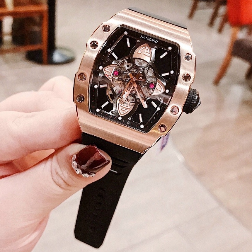 Đồng Hồ Hanboro By Huboler Nam Automatic Dây Silicon Đen Rose Gold Chính Hãng 40x48mm