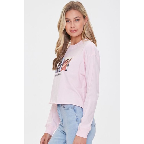 Áo thun croptop cổ tròn, tay dài , vạt áo không lai in hình thiên thần F21