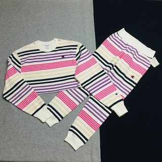 Set nỉ Champion sọc cầu vồng tím Exclusive Striped Cropped Sweatshirt & quần Jogger có sẵn 072018 WL827P UXT ML777P