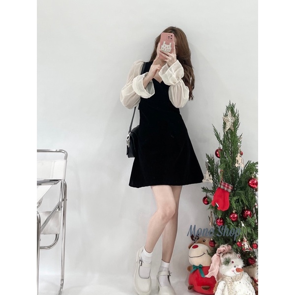 Váy nhung cổ vuông xẻ V nhỏ tay voan bo chun, đầm nữ nhung tay voan Ảnh thật/ sẵn | BigBuy360 - bigbuy360.vn