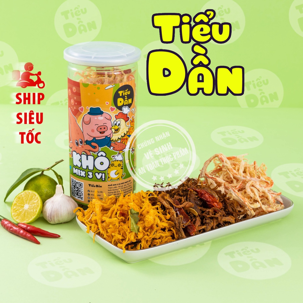 Khô gà mix Khô mực, heo Tiểu Dần, 3 vị trong 1 hộp hũ lớn 280g, đồ ăn vặt vừa ngon vừa rẻ
