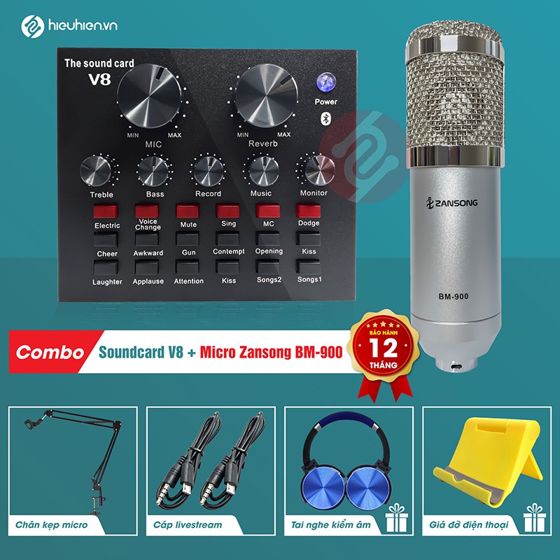 Combo Micro BM 900 ZanSong + Sound Card V8 – Thu âm hát live stream, karaoke giá rẻ