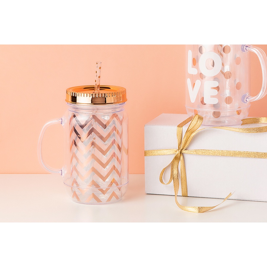 Cốc Uống Nước ARTBOX Hàn Quốc Có Nắp Đậy Và Ống Hút Họa Tiết Zigzag Rose Gold Lấp Lánh