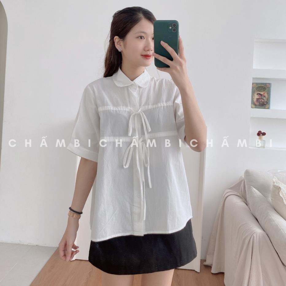 Áo Sơ Mi Form Rộng A.201, áo sơ mi kiểu nữ hàn quốc dáng babydoll cổ đức cộc tay hai hàng dây rút thắt nơ cực xinh ❣️