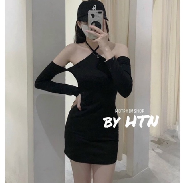 ĐẦM BODY ĐEN CỔ YẾM RỚT VAI TAY DÀI KTGIMI ( Kèm ảnh thật)