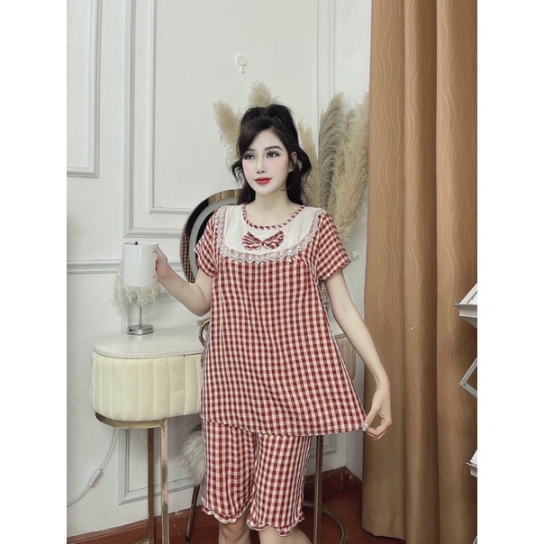 Bộ đồ bầu lửng mùa hè mặc nhà kéo khoá con ti sau sinh chất đũi kẻ caro thiết kế cao cấp đẹp giá rẻ