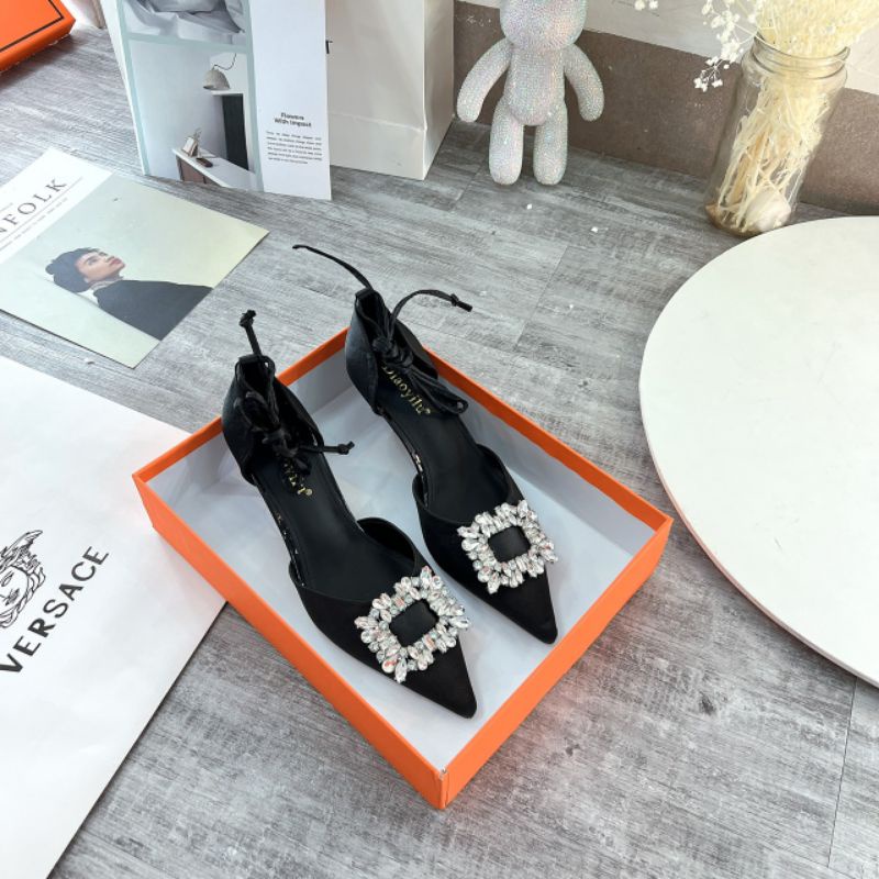 XK(ẢNH THẬT) Giày Cao Gót 7p Đá Vuông Dây Quấn Tháo Rời Fullbox Cao Cấp Lụa Mềm Êm