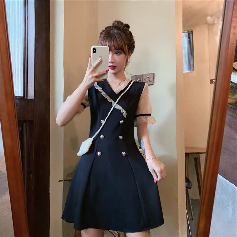 Đầm Suông cổ V viền phối tay lưới kim tuyến đơn giản xinh xắn đi chơi, dạo phố, dự tiệc - Thời Trang VADA - (Đ26) | BigBuy360 - bigbuy360.vn