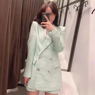 Set blazer & chân váy dạ xanh mint Zara