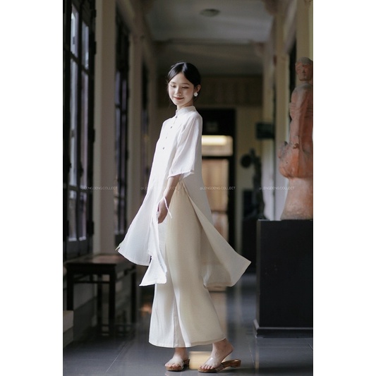 Áo dài Bánh Dẻo Hạt Sen - Lengdeng.Collect | Áo dài cách tân dáng suông tơ phối đũi xước be kem Tủ đồ của Lèng Dèng