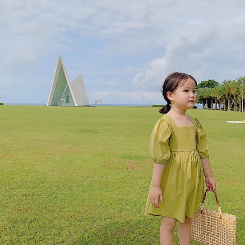 Váy cho bé gái Đầm Công Chúa Tay Phồng Ngắn Hở Lưng Màu Trơn Thời Trang Mùa Hè Cho Bé Gái 1-6 Tuổi