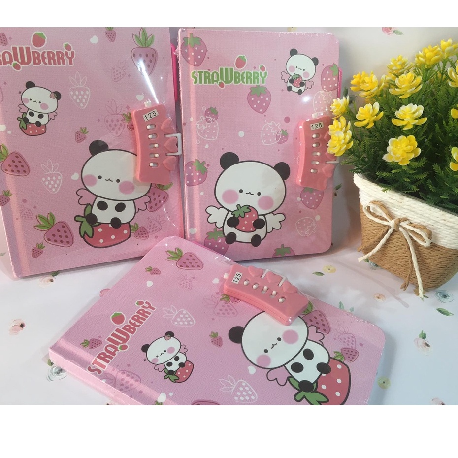 Sổ khóa mã số, sổ nhật ký màu hồng cho bé gái - hình dâu tây