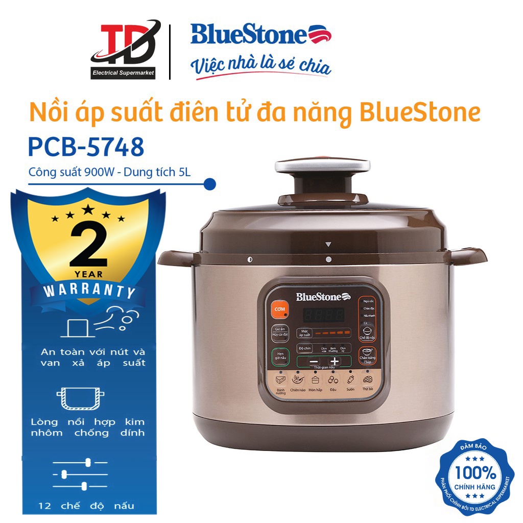 [Mã ELHAMS5 giảm 6% đơn 300K] Nồi áp suất điện tử BlueStone PCB-5748, 900W-5Lit, Bảo Hành Chính Hãng 2 Năm