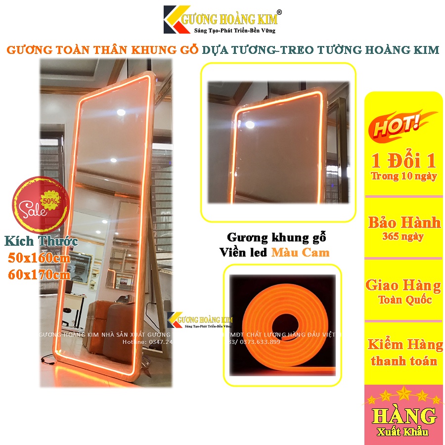 Gương đèn led soi toàn thân khung gỗ bo viền có chân di động dựa tường treo tường giá rẻ guonghoangkim mirror