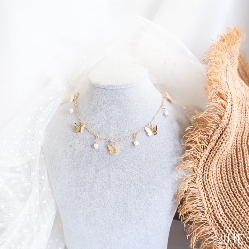 【JIHE】Choker Vòng cổ Chuỗi Hạt Pha Lê Mặt Hình Bướm Phong Cách Hàn Quốc Thời Trang