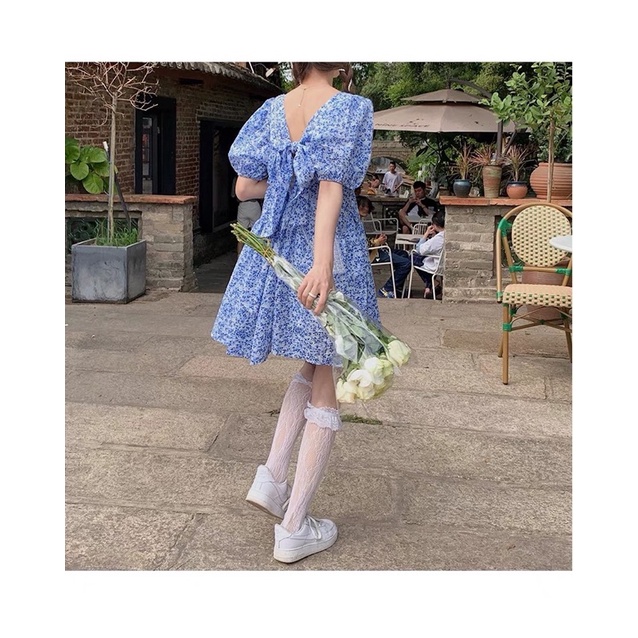 Đầm Hoa Nhí Tay Bồng Nơ Lưng Vintage