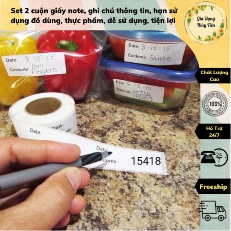 Set 2 cuộn giấy note, ghi chú thông tin, hạn sử dụng đồ dùng, thực phẩm, dễ sử dụng, tiện lợi