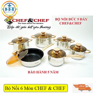 BỘ NỒI VÀ CHẢO 6 MÓN VUNG KÍNH CHEF&CHEF , 12 CHI TIẾT CÓ VUNG KÍNH