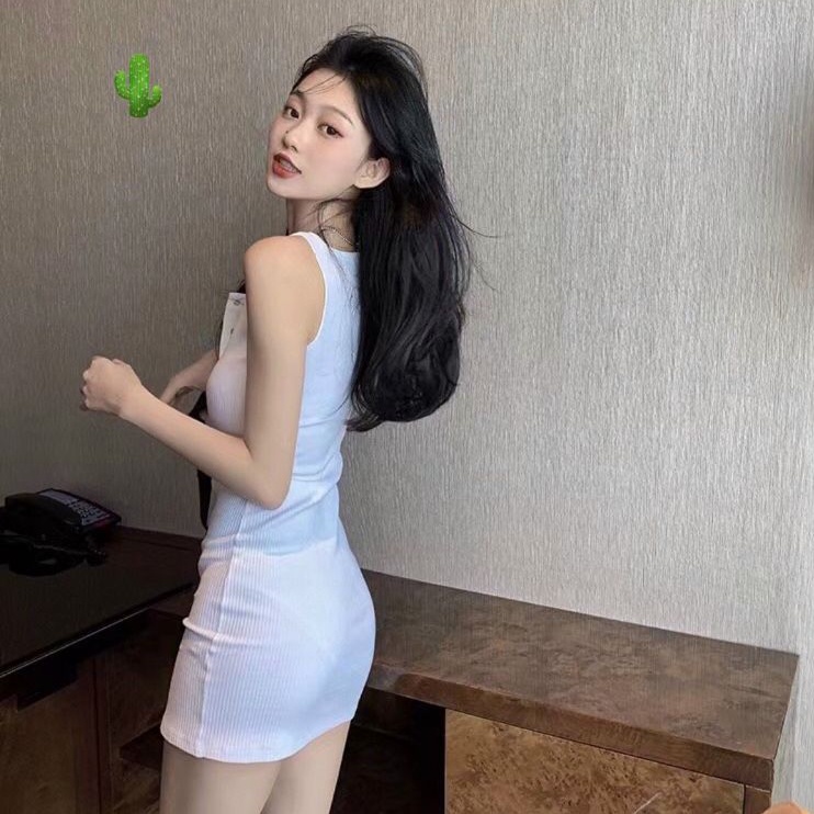 Đầm body 3 lổ tay ngắn nút cài len gân(Ảnh mẫu hình ảnh được  chụp thật)