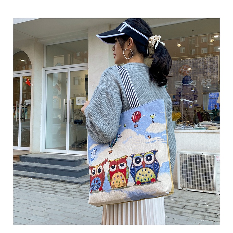 Túi tote cho nữ xách đồ hình Cú đi du lịch rộng rãi có khóa kéo kích thước 45x8x38cm