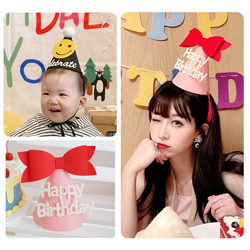 Mũ sinh nhật 3D dùng cho dịp sinh nhật, kỉ niệm chất liệu nỉ bông in chữ lấp lánh dễ thương