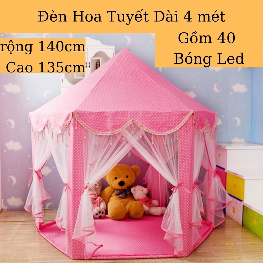 Lều Công Chúa Cho Bé Kiểu Dáng Lục Giác Hàn Quốc Có Rèm Che [Đèn Hoa Tuyết Dài 4m