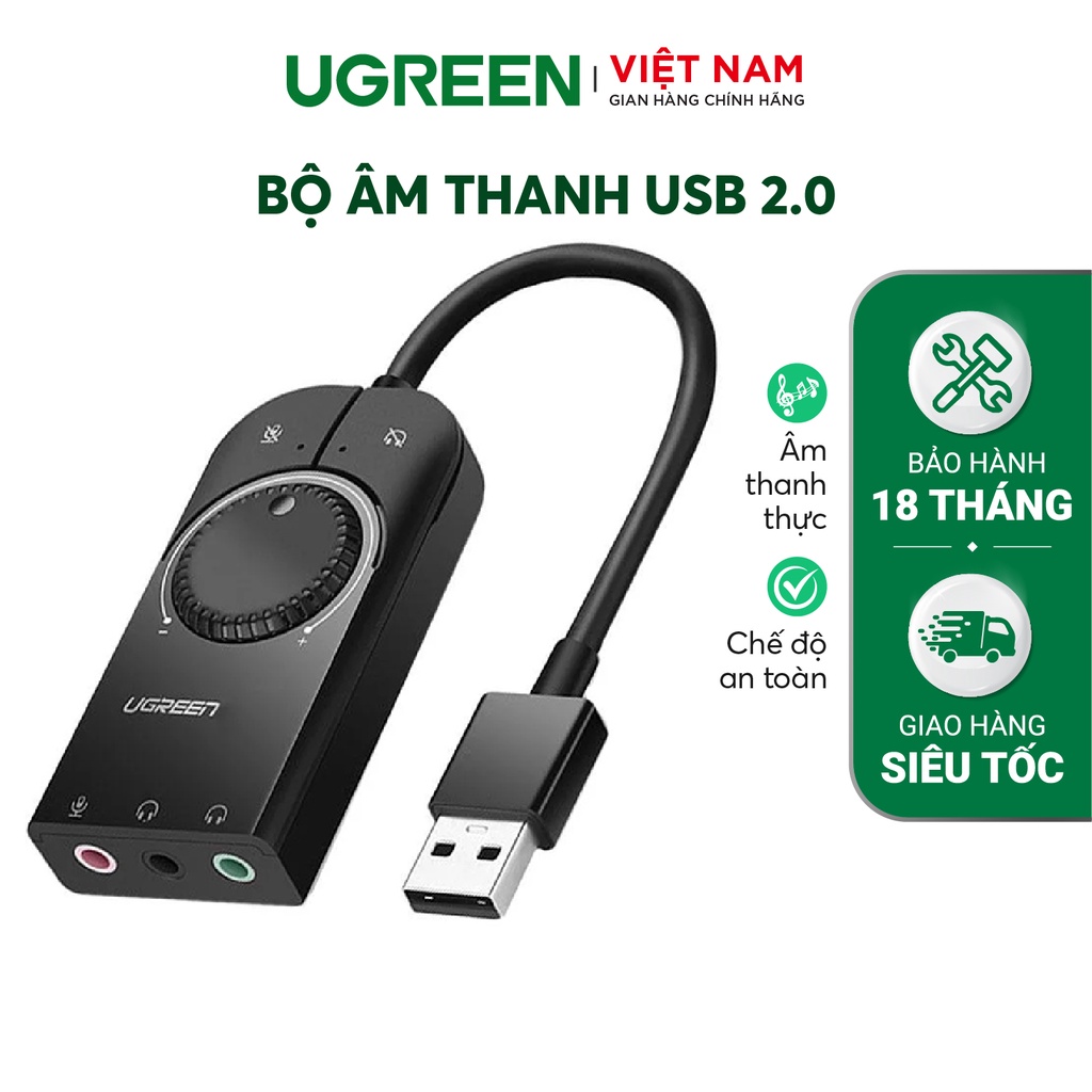 Bộ chuyển đổi âm thanh UGREEN CM129 | Chuyển từ USB sang 3 cổng 3.5mm | Chip SSS1629 DAC 48KHz/16bit | Bảo hành 18 tháng